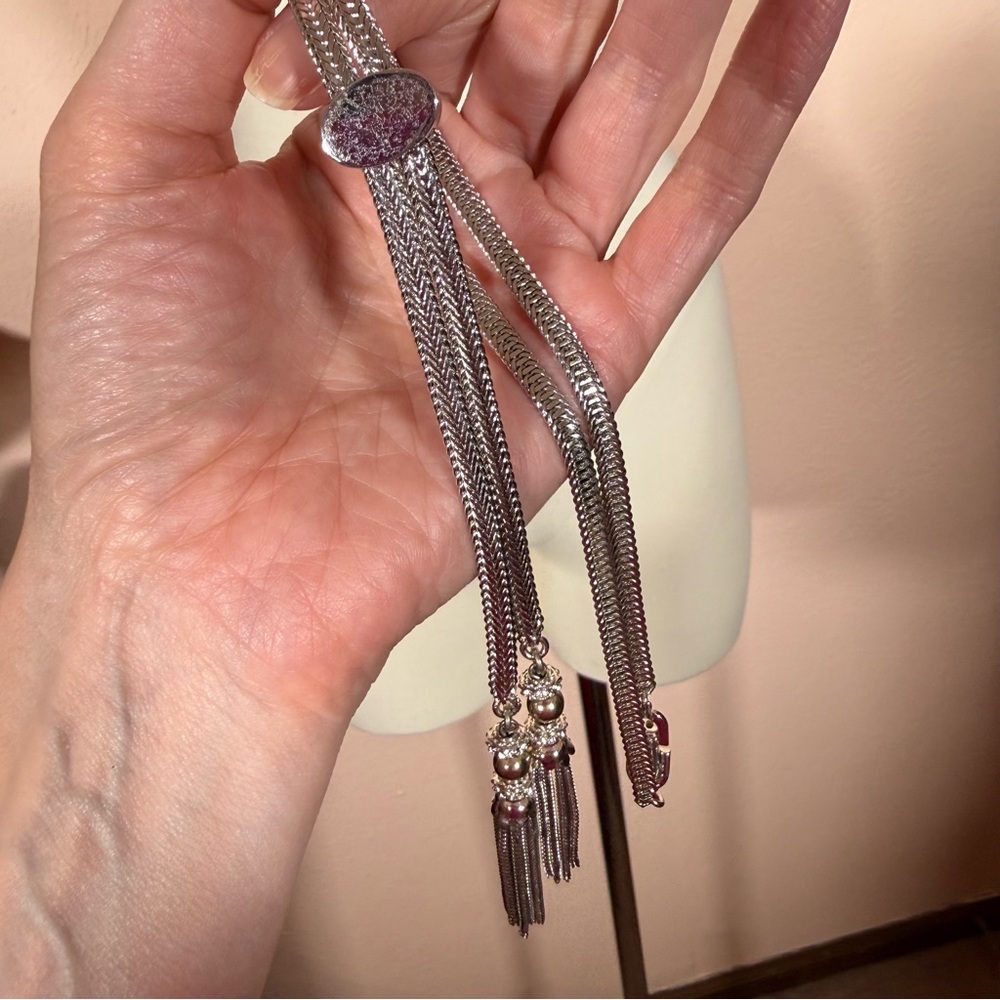 Monet 1960’s Silver Modernist Minimalist Lariat Necklace Bolo tie tassels - Picture 6 of 17